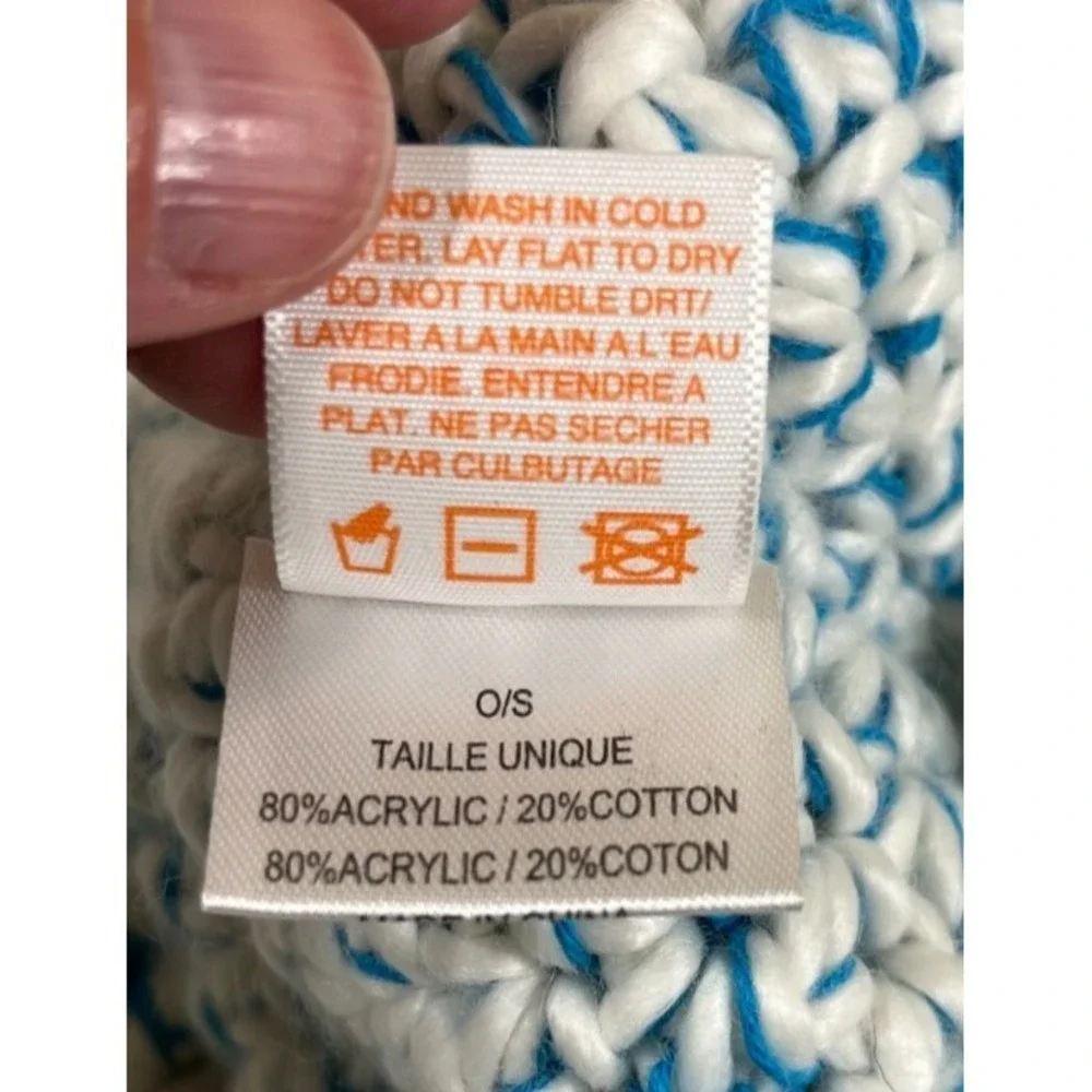Pistil Blue White Chunky Knit Beanie Hat Button Brim Boho Winter Aesthetic